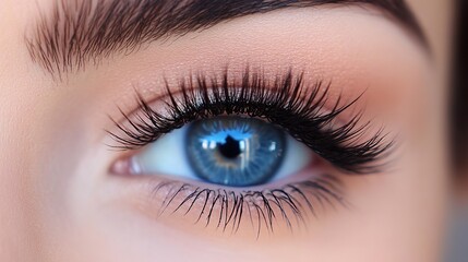 Obraz premium A close-up of a woman's eye with long eyelashes and blue iris