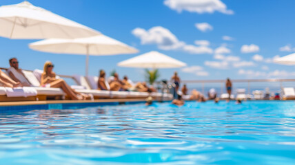 Relaxing Passengers Enjoy a Sunny Day by the Pool on a Cruise Ship Sun Deck With Luxurious Amenities and Activities