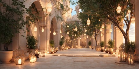 Obraz premium Decorative lanterns light up a courtyard during the evening in a historic setting