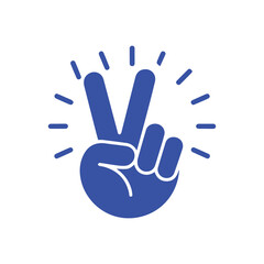 Obraz premium Blue hand vector icon showing victory or peace sign with two fingers raised and radiating lines representing success, winning, freedom, positive achievement, and vote concept