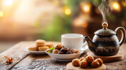 Fototapeta premium Brewing Syrian-style Coffee With Ornate Cups and Sweets Creates a Cozy Atmosphere of Warmth and Hospitality