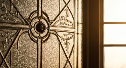 Ornate, golden-toned glass panel with sunlit window