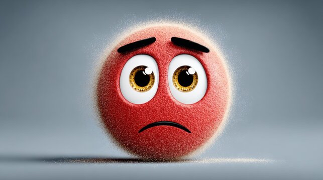 Red round character with large sad eyes and raised eyebrows, featuring a textured surface, set against a smooth gray background, conveying a sense of disappointment