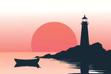 A silhouette of a majestic lighthouse tower stands as a beacon on the Greek coast, captured at dusk against a vibrant orange sky where the sun meets the sea and ocean © Anik