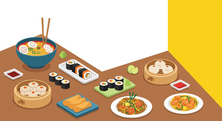 Isometric illustration of a table featuring a diverse spread of Asian cuisine: ramen, sushi, dim sum, and noodles, on a white and yellow background. © Rayi