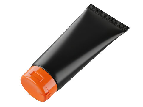 A black and orange tube of toothpaste or cosmetics
