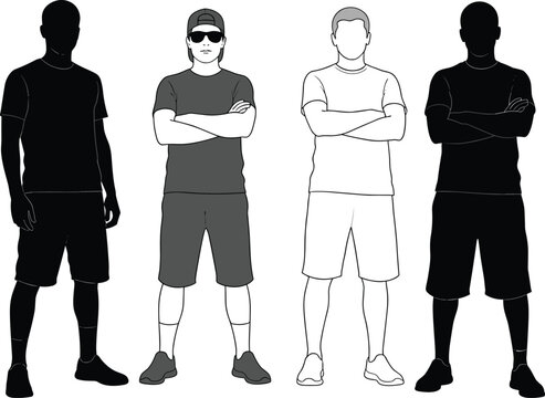 Men Silhouette Set Standing with Crossed Arms Casual Outfit T Shirt Shorts Sunglasses Black White Vector Illustration Collection