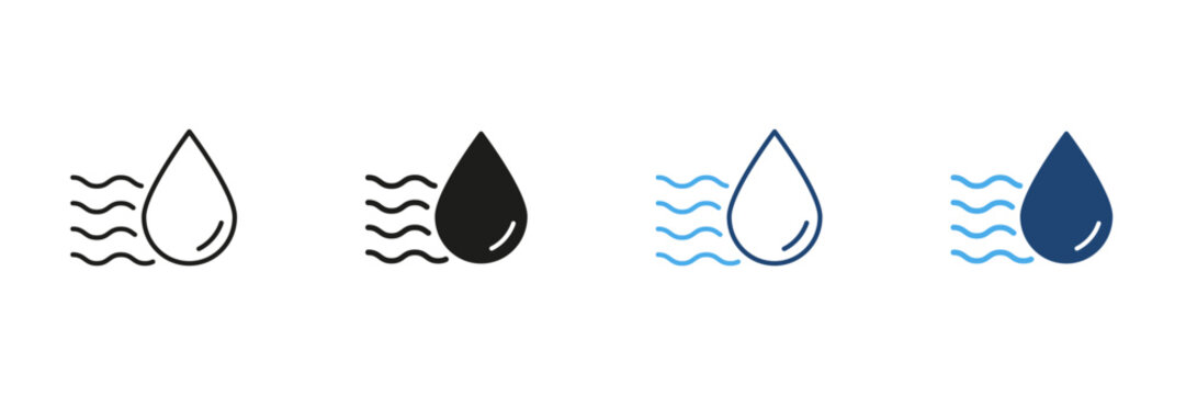 Water Droplet With Airflow Lines Line And Solid Icon Set. Humidity, Moisture Control, And Air Quality Monitoring Outline And Silhouette Symbol Collection. Isolated Vector Illustration
