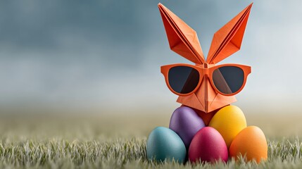 Orange paper bunny wearing sunglasses sits atop colorful Easter eggs on a grassy surface with a blurred background, symbolizing spring festivities and holiday celebrations