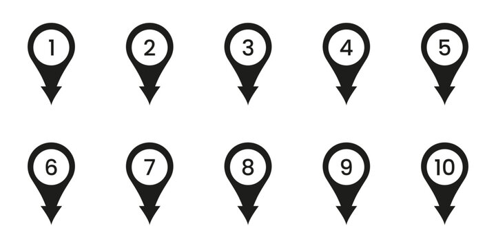 Black Numbered Location Pin Solid Icon Set. Sequential Map Marker Silhouette Symbol Collection. Navigation, Geolocation, And Wayfinding Design Elements. Isolated Vector Illustration
