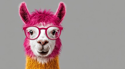 Fototapeta premium Colorful llama with pink fur and glasses poses against a gray background, showcasing a playful and whimsical character in a vibrant and humorous style