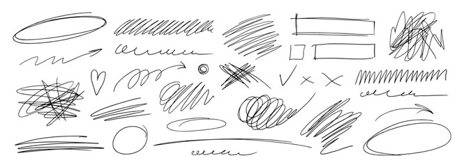 Pen scratch arrow and scribble doodle swirl with squiggle random squiggly. Effect line messy and pencil sketch circle with isolated stroke element. Abstract vintage pen drawing and mark scribble © Nataliia
