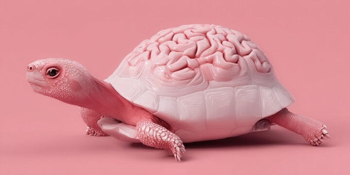 Surreal pink turtle with a human brain instead of a shell on a pink background