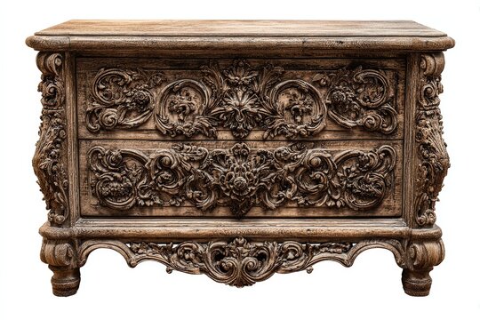 A meticulously carved antique chest of drawers, showcasing an exquisite display of artistry and craftsmanship. The chest embodies both elegance and the enduring charm of a bygone era.