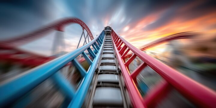 POV shot of a roller coaster climbing high into the sky with a dramatic sunset in the background