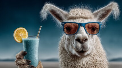 Fototapeta premium Llama wearing blue sunglasses holds a blue smoothie with a lemon slice, set against a blurred background of mountains and a clear sky