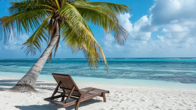 A serene beach setting featuring a lounge chair under a palm tree with a clear blue sky and ocean in the background.