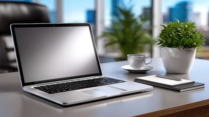 Fototapeta premium Modern Laptop on Office Desk with Coffee and Plant Workspace