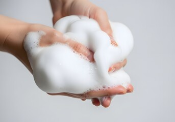 Close Up Hands Washing with Soft White Soap Foam Bubbles for Personal Hygiene and Health Care