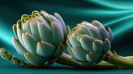 Fototapeta premium Two Fresh Artichokes on Teal Background with Light Streaks