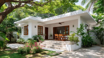 Fototapeta premium Modern house with a garden and outdoor dining area in a sunny location