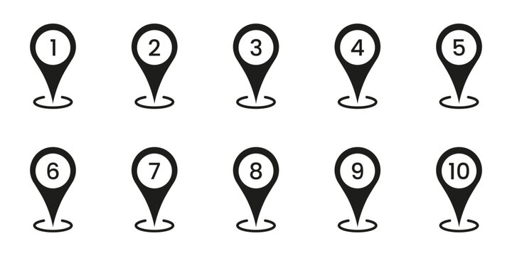 Black Numbered Location Pin Solid Icon Set. Sequential Map Marker Silhouette Symbol Collection. Navigation, Geolocation, And Wayfinding Design Elements. Isolated Vector Illustration