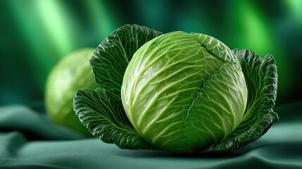 Fototapeta premium Fresh Green Cabbage Head on Green Fabric