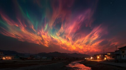 Vibrant colors fill the sky as mystical auroras swirl above a quiet town. The scene captures a peaceful river reflecting the hues, with distant mountains silhouetting the horizon