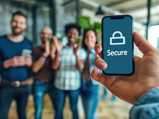 Secure Mobile Phone in Focus with Group of Friends in Background