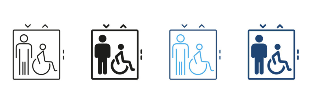 Elevator Accessibility Icon Set For Disabled And Non-Disabled Individuals. Inclusive Design And Universal Access Outline And Silhouette Symbol Collection. Isolated Vector Illustration