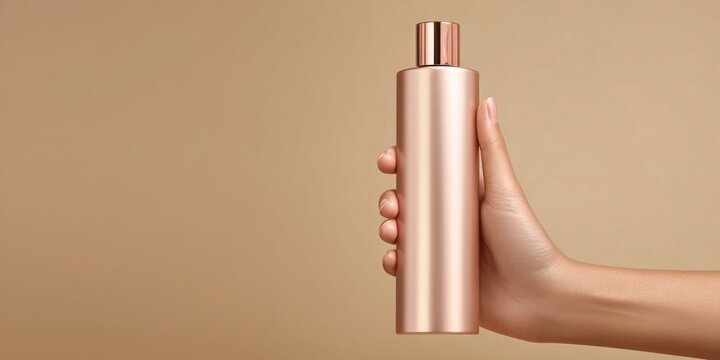 Elegant rose gold bottle held by a hand against a soft beige background