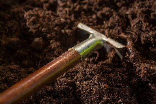 Small gardening rake lying on the ground, hobby, agriculture