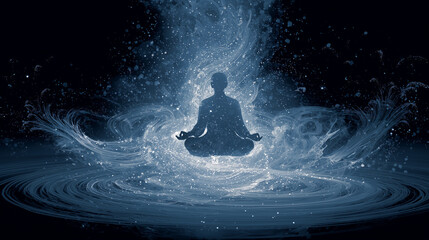 Obraz premium A meditating figure floating above the ground surrounded by swirling cosmic mantra energy