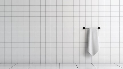 Minimalist Bathroom Towel Clean white tiles, a single towel hanging on a black rack, modern, serene, hygiene, spa, bath