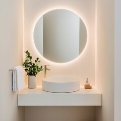 Minimalist Bathroom Vanity Modern round mirror with backlit glow, vessel sink, chrome faucet, plant accent. Contemporary luxury, bathroom design, interior decor