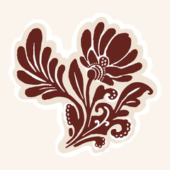 Naklejka premium Hand drawn floral accent flourish illustration motif. Ethnic block print style botanical flower shape. Isolated flat vector editable. Decorative indonesian style art creative bloom design element