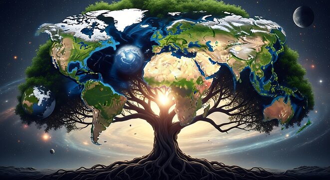 Tree Representing Earth with Green Globe.