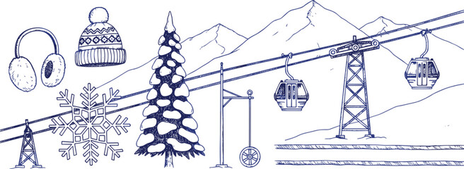 Sketch-style winter mountain ski resort illustration with gondolas, lift towers, snow-covered peaks, pine tree, snowflake, earmuffs © MdMahmudul