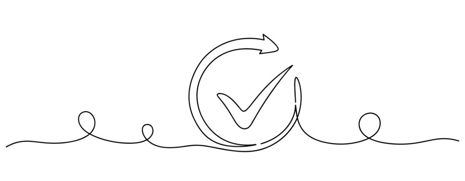 Continuous line art: circular arrow with check mark for success and approval. No editable stroke