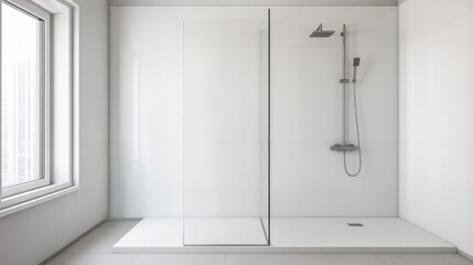 Minimalist white bathroom featuring a sleek glass shower enclosure, modern showerhead and large window. Concept Purity, Simplicity, Cleanliness. Shower, Bathroom, Modern, Minimalist