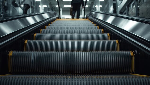 A bottom-up close-up of metal escalator steps featuring vertical stripes and yellow edges