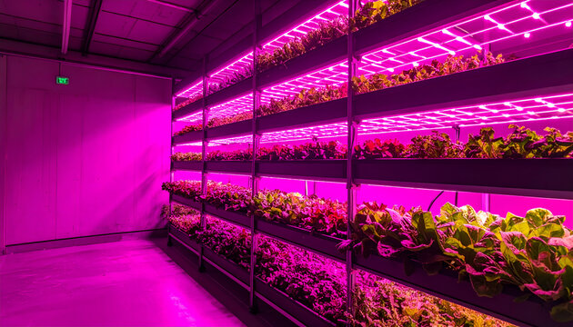 Vertical Farm with Pink LED Lights