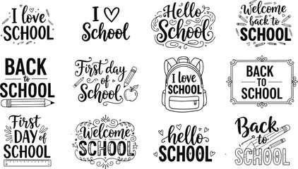 Black and white decorative typography designs with school phrases and icons including pencils, rulers, apples, and backpacks, perfect for education, posters, and back-to-school promotions © MdMahmudul