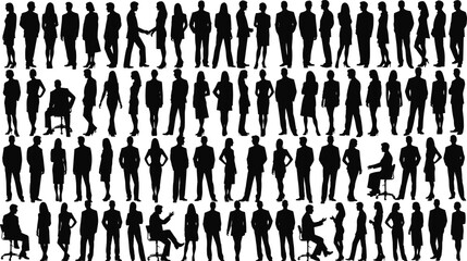 Black silhouettes of business professionals in suits, skirts, and dresses, standing, conversing, shaking hands, and sitting, representing teamwork