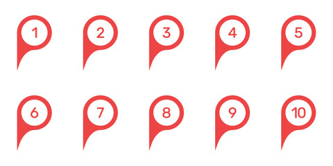 Numbered Location Pin Solid Icon Set. Sequential Navigation, Route Planning, And Geolocation Markers Silhouette Symbol Collection. Map Pointer With Numbers. Isolated Vector Illustration