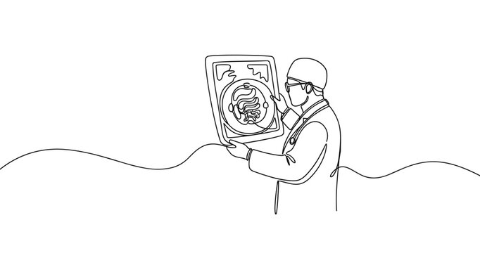 Caucasian male doctor analyzing brain scan in continuous line art drawing. No editable stroke
