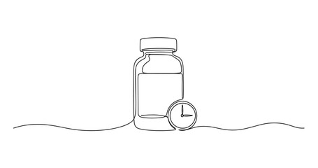 Obraz premium Minimalist line art of a medicine bottle with a stopwatch symbolizing time and health. No editable stroke