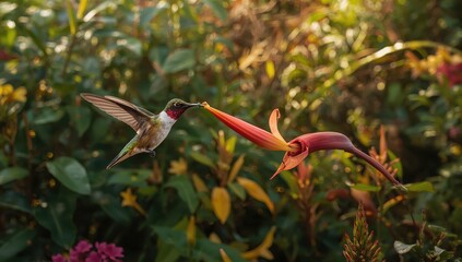 Fototapeta premium A female Ruby Topaz hummingbird dining on a Pride of Barbados bloom in a tropical garden, surrounded by vibrant flowers