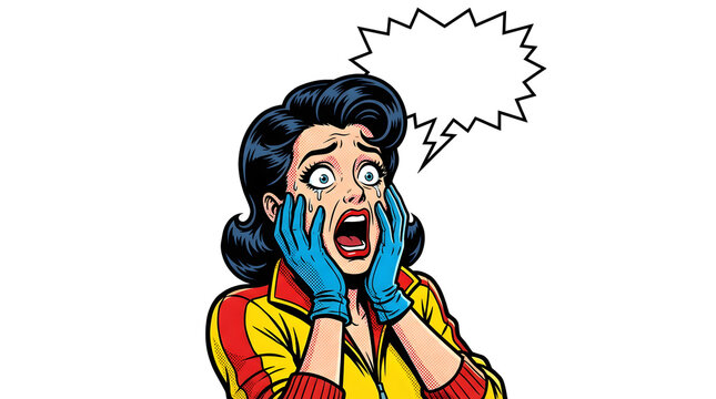 Comic Woman Shouting with Surprise Expression.