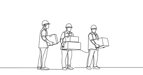 Obraz premium Line drawing of workers with boxes - teamwork and logistics concept. No editable stroke